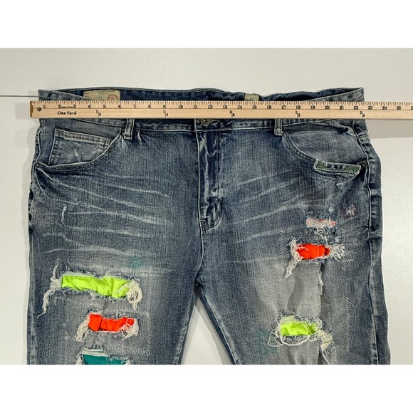 SMOKE RISE Denim Shorts Men Size 46 Distressed Neon Patch Frayed Hem 100 - Picture 7 of 12
